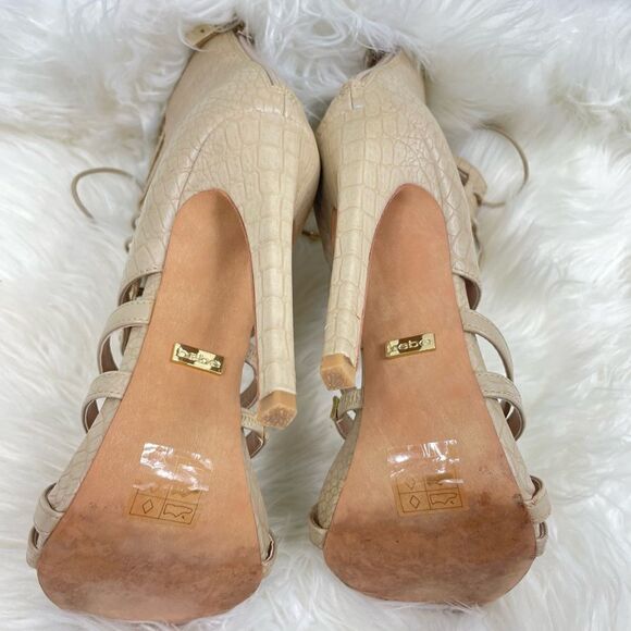 bebe | strappy open toe cream sandal stiletto 7.0 4” heel back zipper closure. - Picture 5 of 10